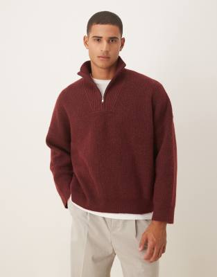 Asos Design Super Oversized Boxy Fit Knit Rib Funnel Neck Sweater In Red