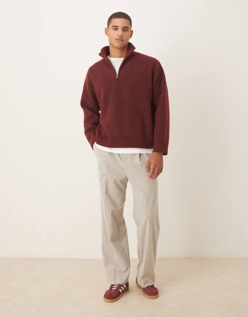 ASOS DESIGN super oversized boxy fit knit rib funnel neck sweater in burgundy