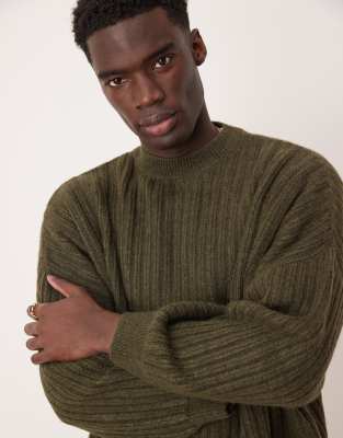 super oversized boxy fit knit ribbed crew neck sweater in khaki-Green