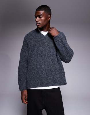 Asos Design Super Oversized Boxy Fit Knit V-neck Sweater In Gray