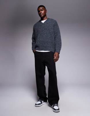 Asos Design Super Oversized Boxy Fit Knit V-neck Sweater In Gray