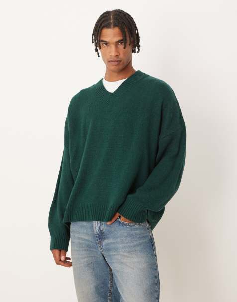 ASOS DESIGN super oversized boxy fit knit V-neck sweater in green - view 1