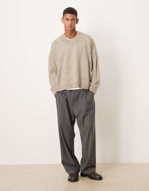 ASOS DESIGN super oversized boxy fit knit v neck sweater in stone