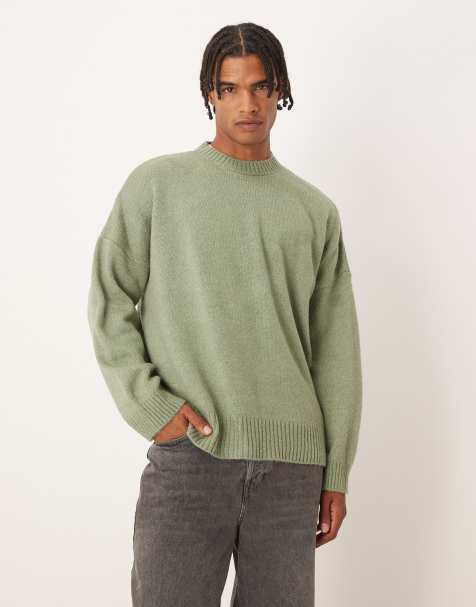 ASOS DESIGN super oversized boxy fit knitted crew neck jumper in sage green marl - view 1