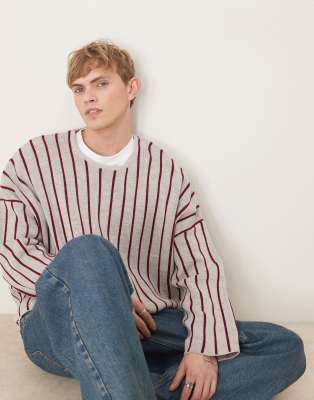 ASOS DESIGN ASOS DESIGN super oversized boxy fit knitted crew neck jumper in with stripes in light grey-Neutral