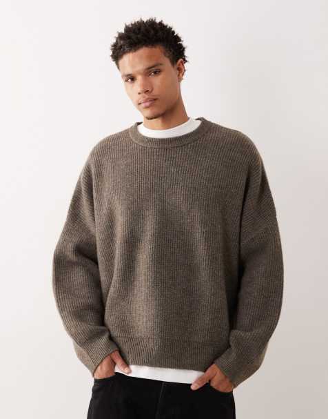 ASOS DESIGN super oversized boxy fit knitted fisherman rib jumper in brown marl - view 1