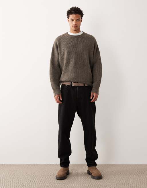 ASOS DESIGN super oversized boxy fit knitted fisherman rib jumper in brown marl, 2 of 5