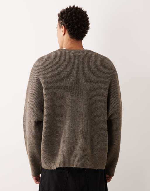 ASOS DESIGN super oversized boxy fit knitted fisherman rib jumper in brown marl, 3 of 5