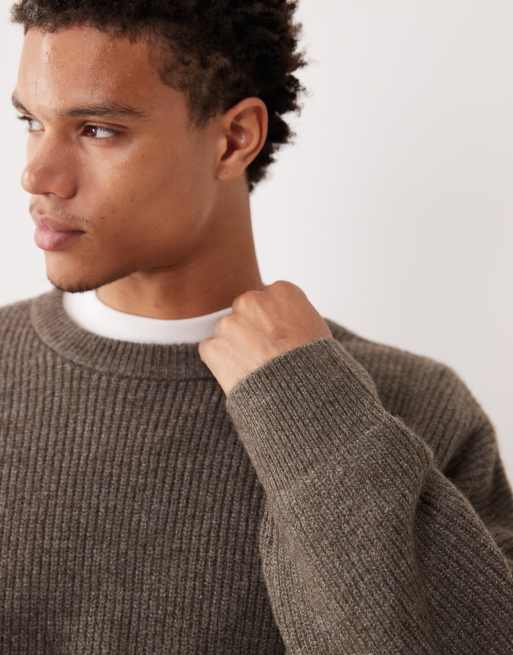 ASOS DESIGN super oversized boxy fit knit fisherman rib sweater in brown heather