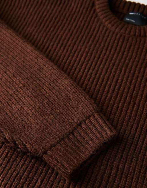 ASOS DESIGN super oversized boxy fit knitted fisherman rib jumper in brown, 5 of 5