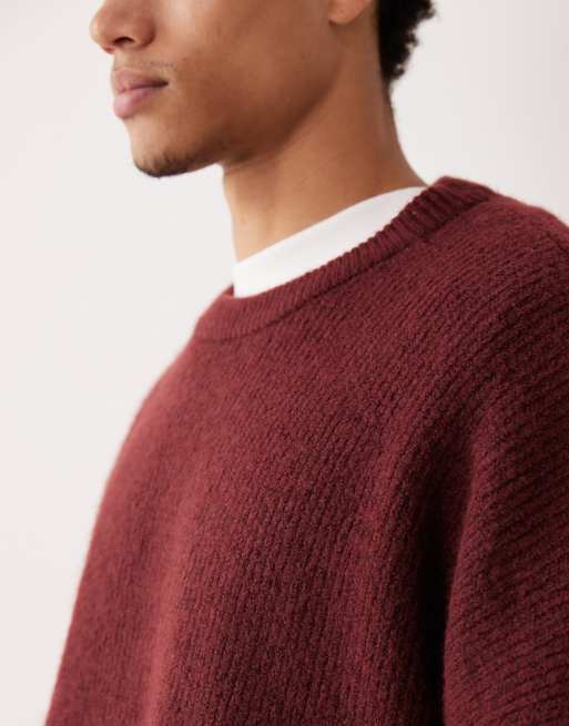 ASOS DESIGN super oversized boxy fit rib knit fisherman sweater in burgundy