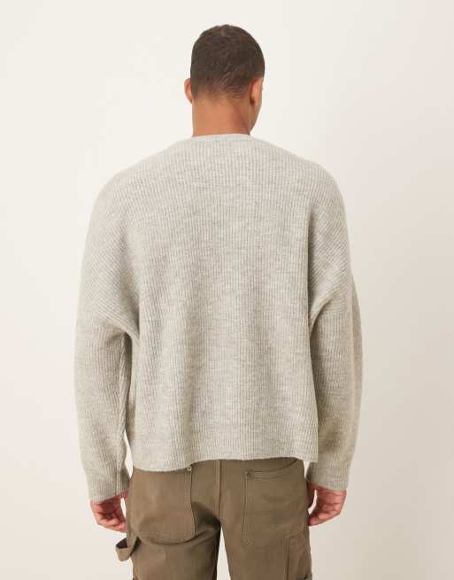 ASOS DESIGN super oversized boxy fit knitted fisherman rib jumper in grey marl, 3 of 5