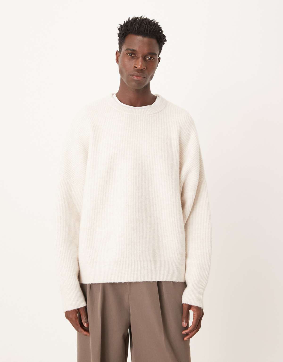 ASOS DESIGN super oversized boxy fit knitted fisherman rib jumper in oatmeal