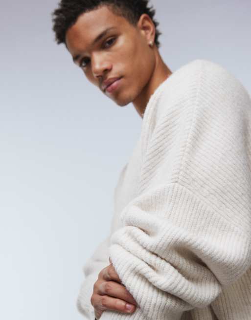 ASOS DESIGN super oversized boxy fit knitted fisherman rib jumper in oatmeal