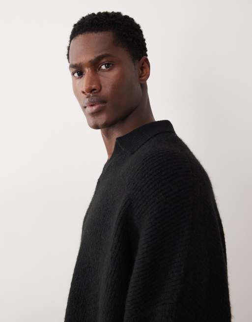 ASOS DESIGN super oversized boxy fit knitted fisherman rib notch neck jumper in black, 4 of 5