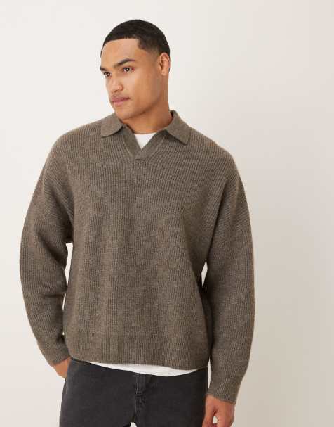 ASOS DESIGN super oversized boxy fit knitted fisherman rib notch neck jumper in brown marl - view 1