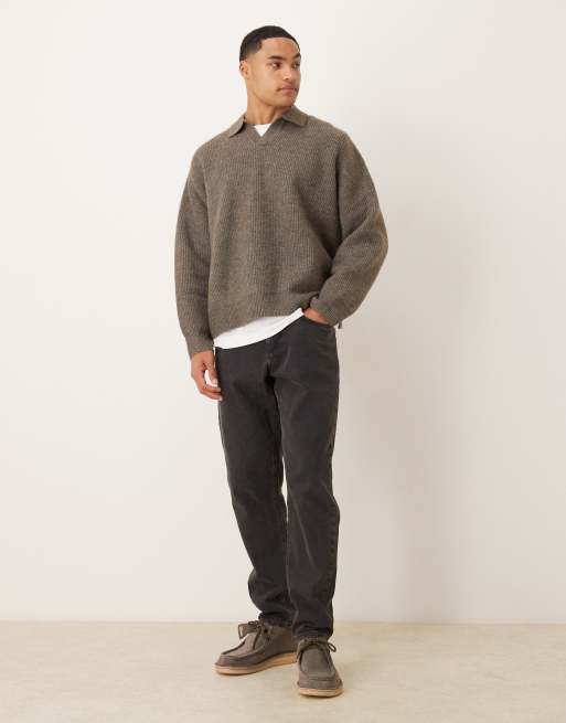 ASOS DESIGN super oversized boxy fit fisherman rib knit notch neck sweater in heathered brown