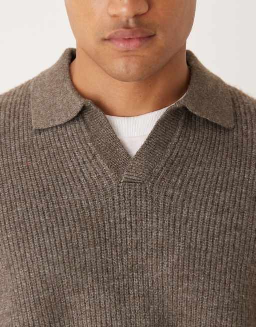 ASOS DESIGN super oversized boxy fit fisherman rib knit notch neck sweater in heathered brown