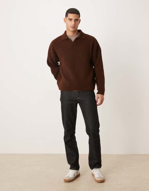 ASOS DESIGN super oversized boxy fit knitted fisherman rib notch neck jumper in brown, 2 of 5
