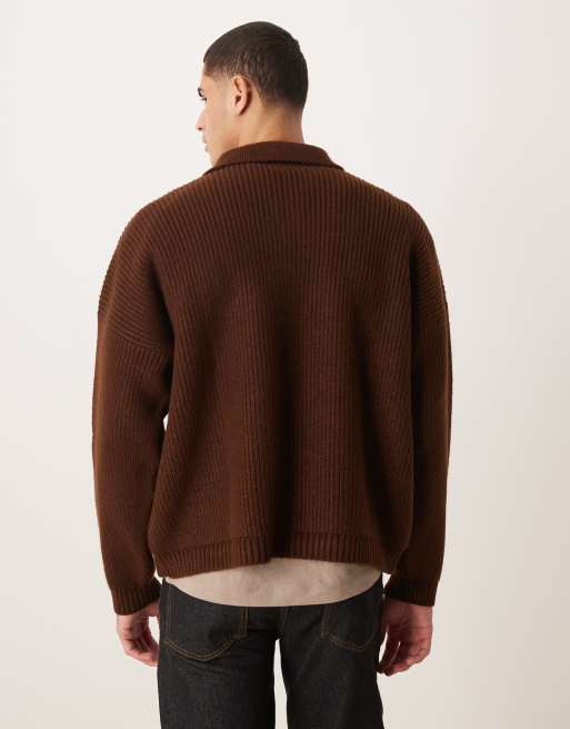 ASOS DESIGN super oversized boxy fit knitted fisherman rib notch neck jumper in brown, 3 of 5