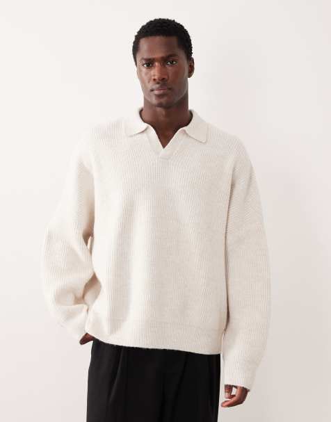 ASOS DESIGN super oversized boxy fit knitted fisherman rib notch neck jumper in ecru - view 1