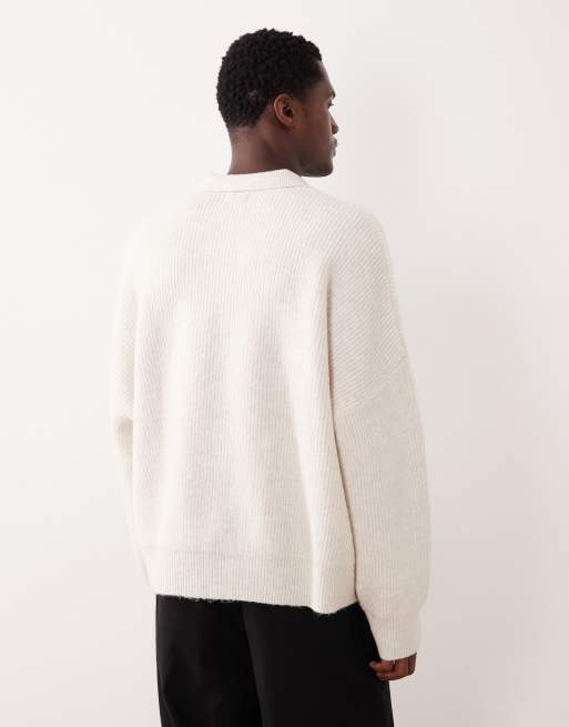 ASOS DESIGN super oversized boxy fit knitted fisherman rib notch neck jumper in ecru, 3 of 5