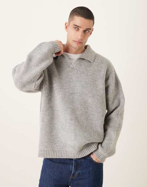 ASOS DESIGN super oversized boxy fit knitted fisherman rib notch neck jumper in grey