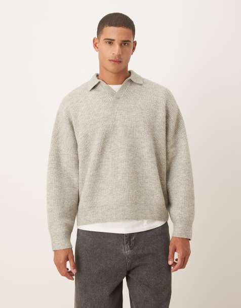 ASOS DESIGN super oversized boxy fit knitted fisherman rib notch neck jumper in light grey - view 1