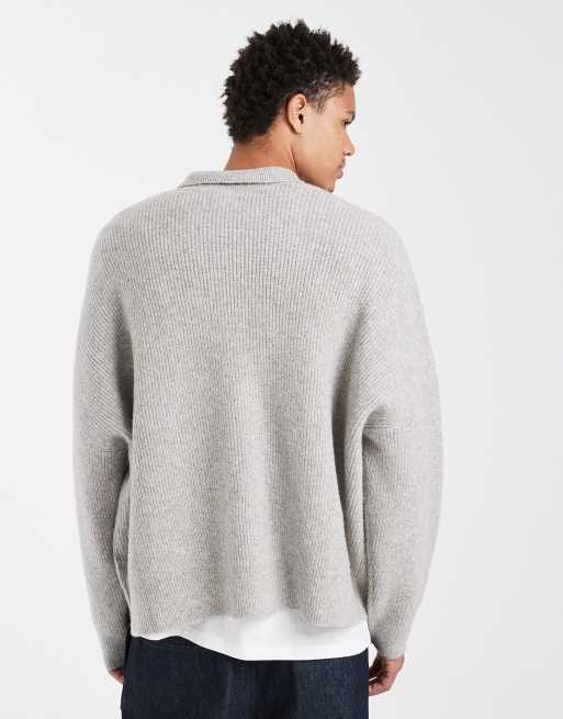 ASOS DESIGN super oversized boxy fit knitted fisherman rib notch neck jumper in light grey, 3 of 6