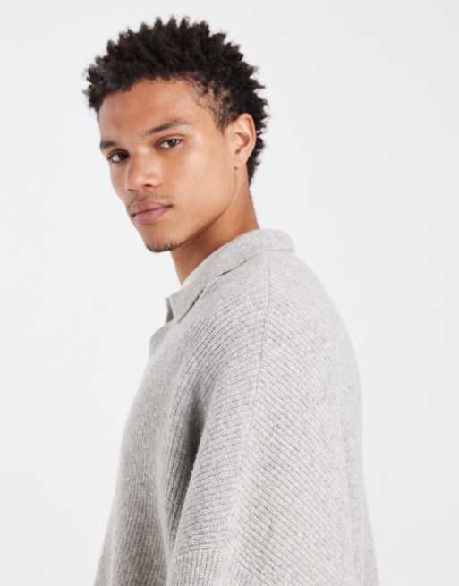 ASOS DESIGN super oversized boxy fit knitted fisherman rib notch neck jumper in light grey, 4 of 6