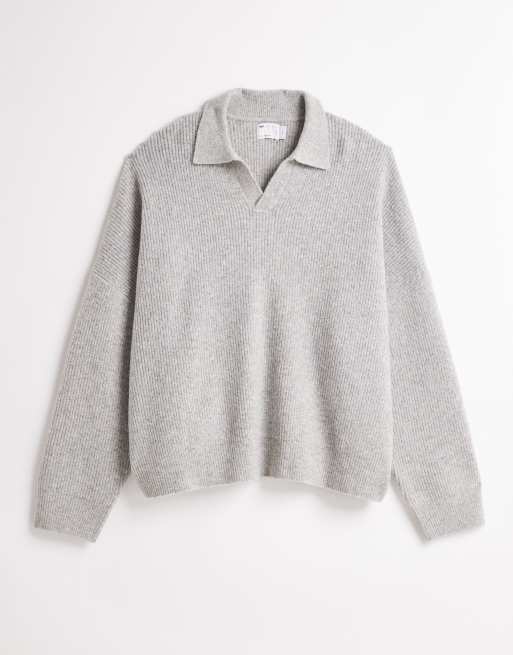 ASOS DESIGN super oversized boxy fit knitted fisherman rib notch neck jumper in light grey, 6 of 6