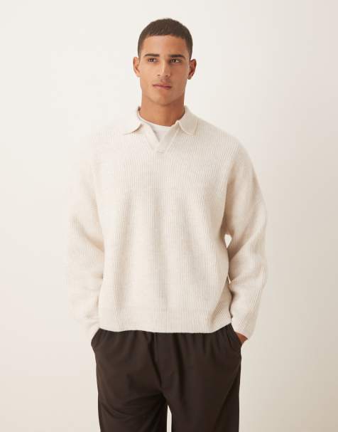 ASOS DESIGN super oversized boxy fit knitted fisherman rib notch neck jumper in oatmeal marl - view 1