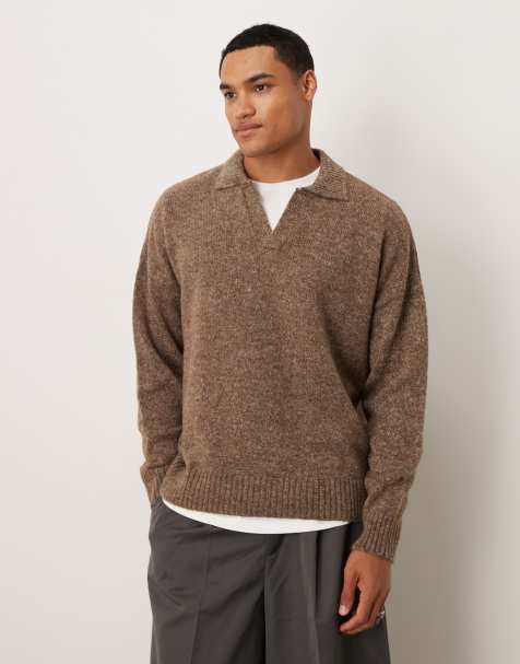 ASOS DESIGN super oversized boxy fit knitted notch neck polo shirt in brown marl - view 1