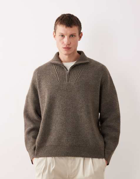 ASOS DESIGN super oversized boxy fit knitted rib funnel neck jumper in brown marl