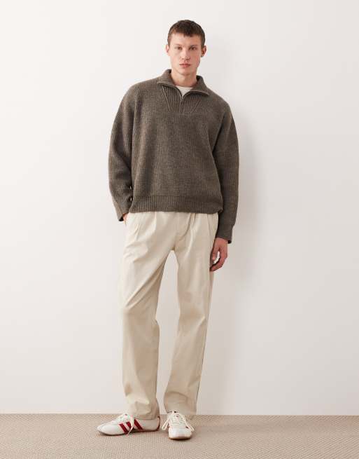 ASOS DESIGN super oversized boxy fit knit rib funnel neck sweater in brown heather