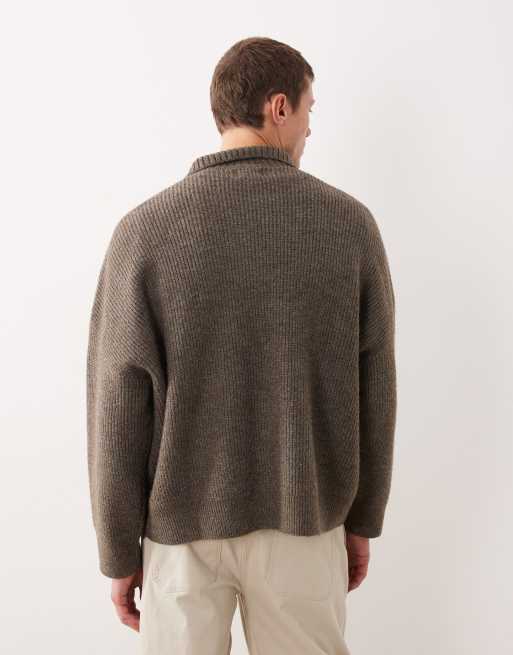 ASOS DESIGN super oversized boxy fit knitted rib funnel neck jumper in brown marl, 3 of 5