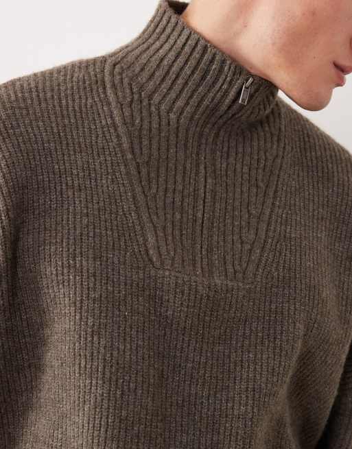 ASOS DESIGN super oversized boxy fit knit rib funnel neck sweater in brown heather