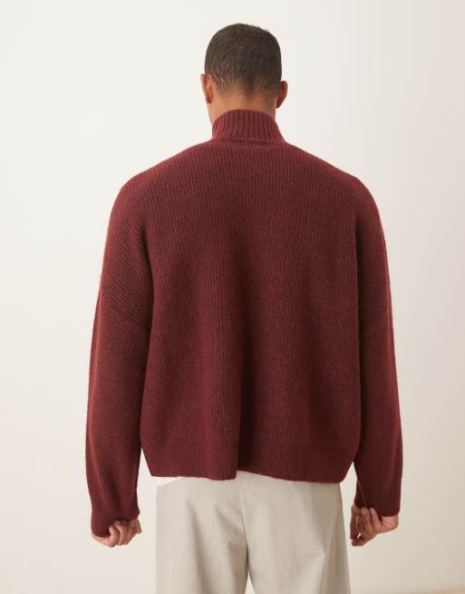 ASOS DESIGN super oversized boxy fit knitted rib funnel neck jumper in burgundy, 3 of 5