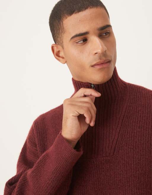 ASOS DESIGN super oversized boxy fit knitted rib funnel neck jumper in burgundy, 5 of 5
