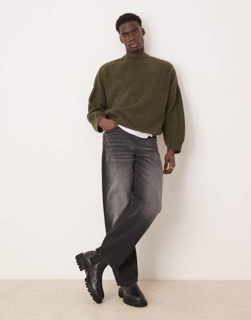 Wide Crew Neck Ribbed online Knitted Oversized Khaki Jumper