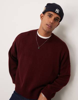 Asos Design Super Oversized Boxy Fit Knitted Sweater In Burgundy-red