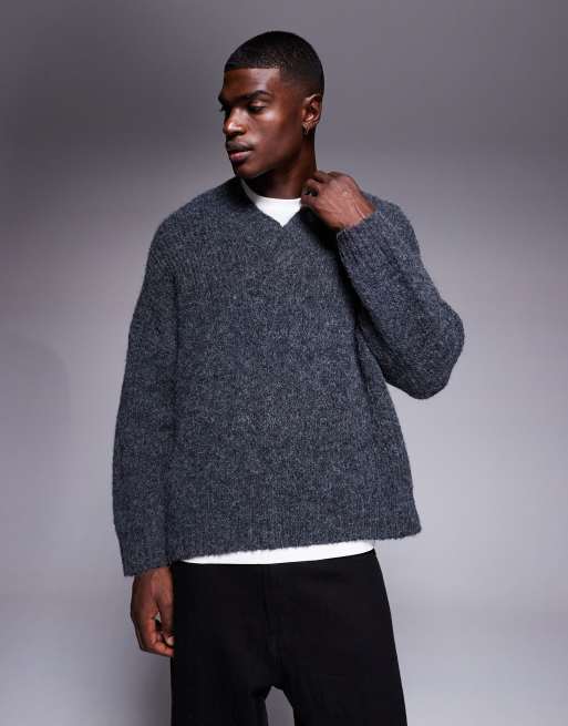 ASOS DESIGN super oversized boxy fit knitted v-neck jumper in charcoal