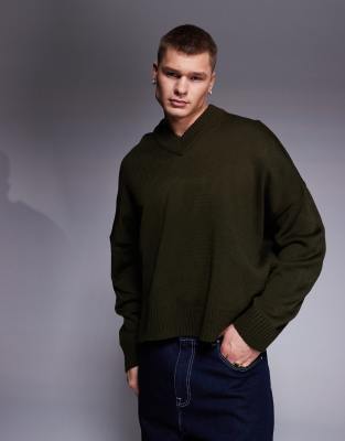 Asos Design Super Oversized Boxy Fit Knitted V Neck Sweater In Khaki-green