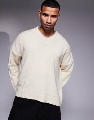 super oversized boxy fit knitted v neck sweater in stone-Neutral