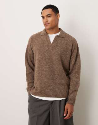 ASOS DESIGN super oversized boxy fit notch neck knitted polo in brown marl