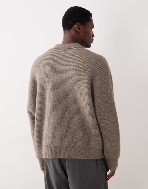 ASOS DESIGN super oversized boxy fit rib knit fisherman notch neck sweater in taupe