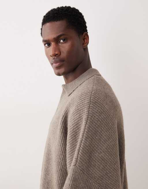 ASOS DESIGN super oversized boxy fit rib knit fisherman notch neck sweater in taupe