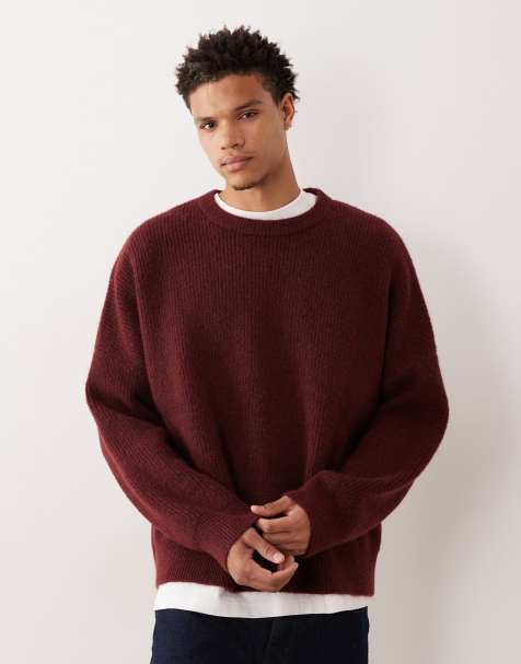 ASOS DESIGN super oversized boxy fit rib knit fisherman sweater in burgundy - view 1