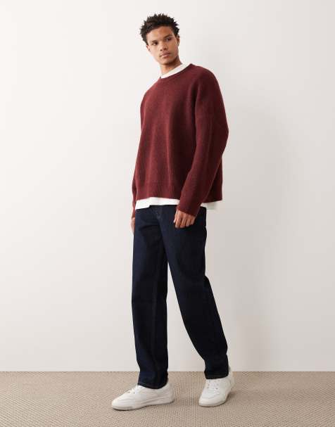 ASOS DESIGN super oversized boxy fit rib knit fisherman sweater in burgundy - view 1