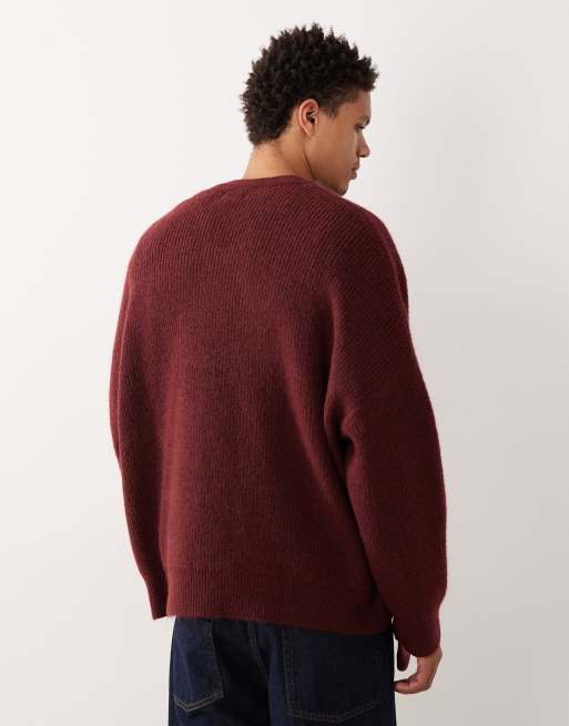 ASOS DESIGN super oversized boxy fit rib knit fisherman sweater in burgundy